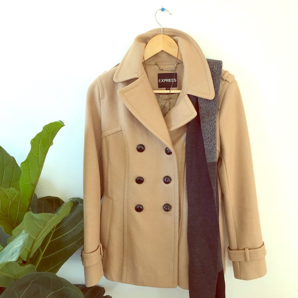 Camel double breasted wool pea coat. Express S
